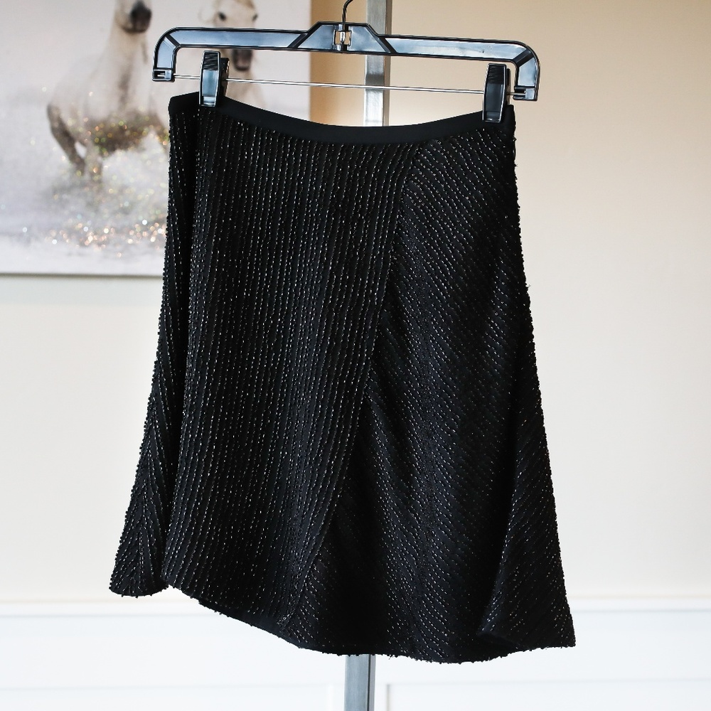 Halston Heritage Beaded Sequin Black Mini Skirt NWT Size 0